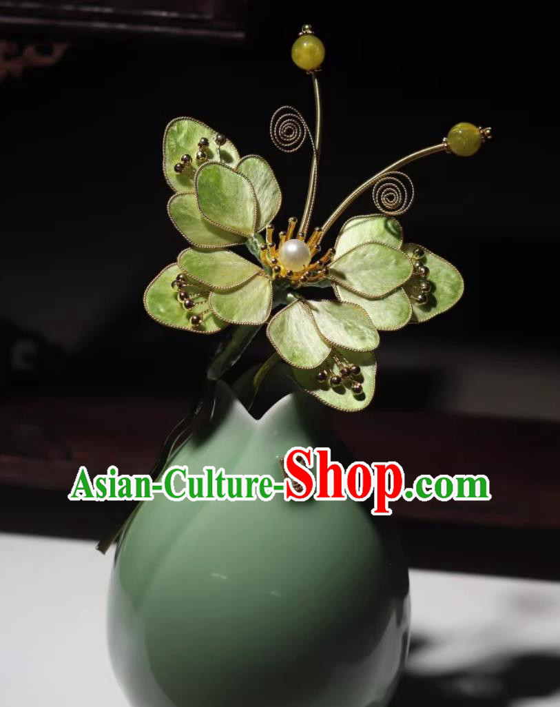 Chinese Ancient Hair Jewelry Ming Dynasty Hanfu Headpiece Handmade Green Butterfly Hairpin Intangible Cultural Heritage Velvet Flower Hair Stick