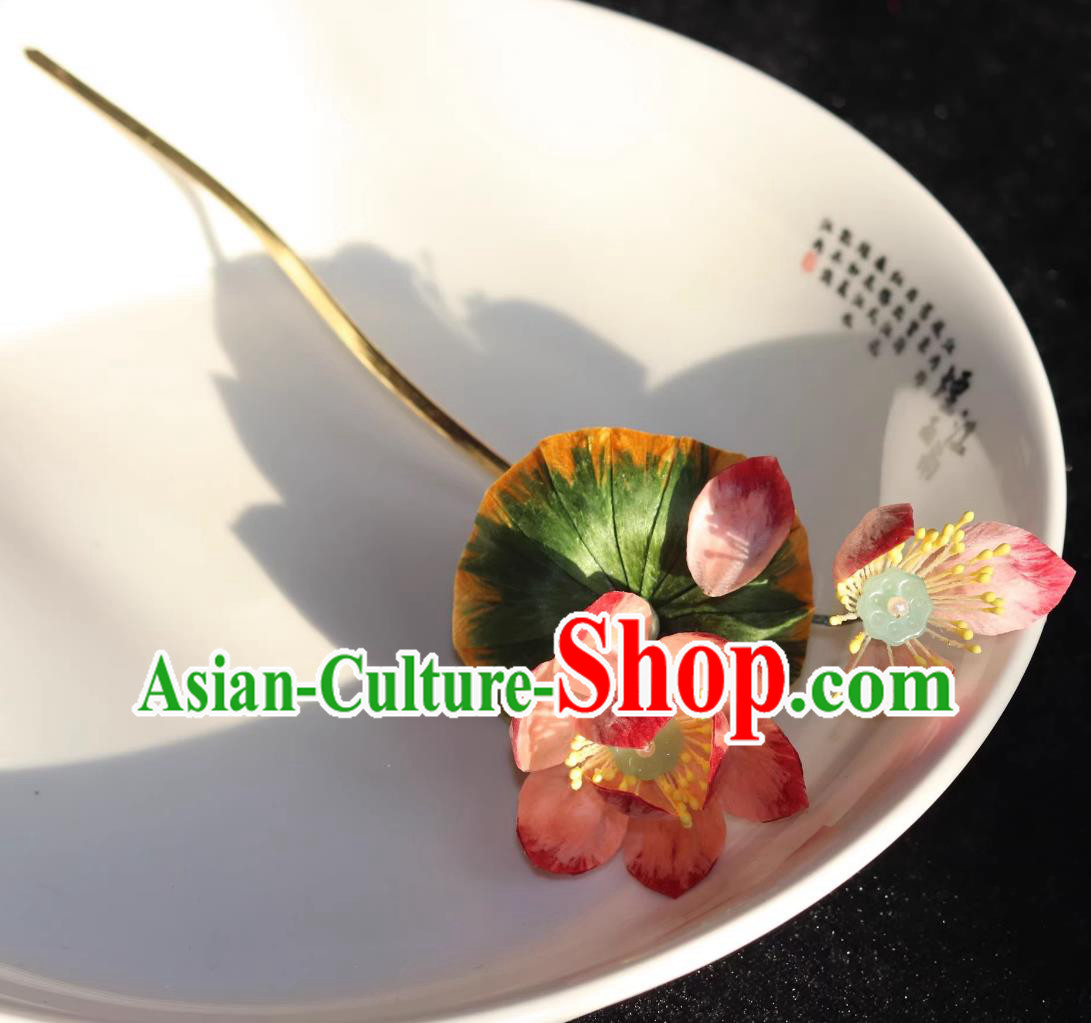 Intangible Cultural Heritage Handmade Silk Velvet Lotus Flower Hairpin Chinese Hanfu Qipao Hair Jewelry Traditional Hair Stick