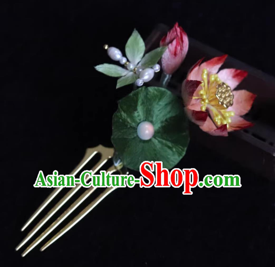 Traditional Hair Comb Intangible Cultural Heritage Handmade Silk Velvet Lotus Flower Hairpin Chinese Hanfu Qipao Hair Jewelry