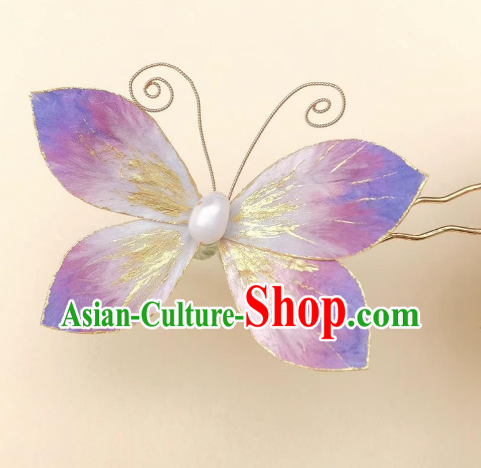 Hanfu Hair Accessory Intangible Cultural Heritage Velvet Silk Purple Butterfly Hairpin Handmade Hair Clip Chinese Qipao Headpiece