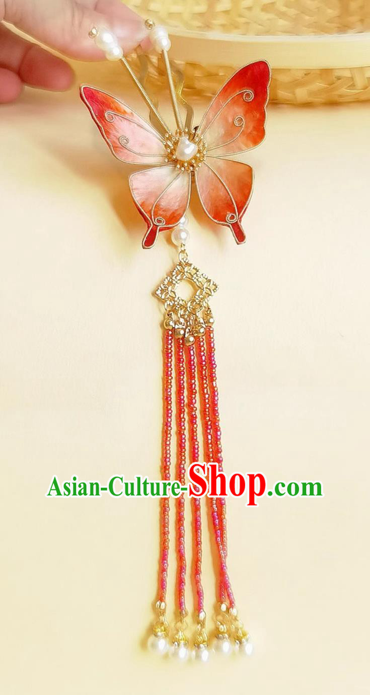 Intangible Cultural Heritage Velvet Silk Red Butterfly Hairpin Handmade Tassel Hair Clip Chinese Qipao Headpiece Hanfu Hair Accessory