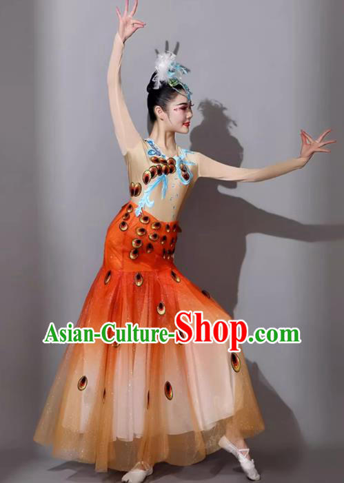 Jacinth Woman Peacock Dance Dress Dai Ethnic Dance Costume China Yunnan Ethnic Minority Cucurbit Flute Performance Clothing