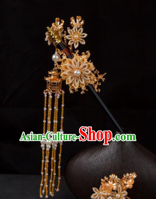 Handmade Floral Hair Jewelry Hanfu Tassel Hairpin China Ancient Tang Dynasty Headwear