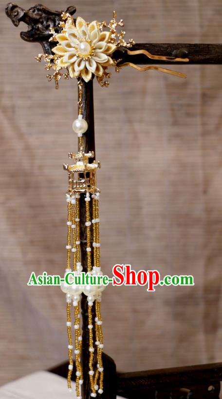 China Ancient Tang Dynasty Headwear Handmade Floral Hair Jewelry Hanfu Tassel Hairpin