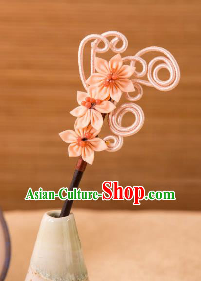 China Hanfu Hair Jewelry Ancient Young Lady Pink Flower Headpiece Handmade Qipao Ebony Hairpin