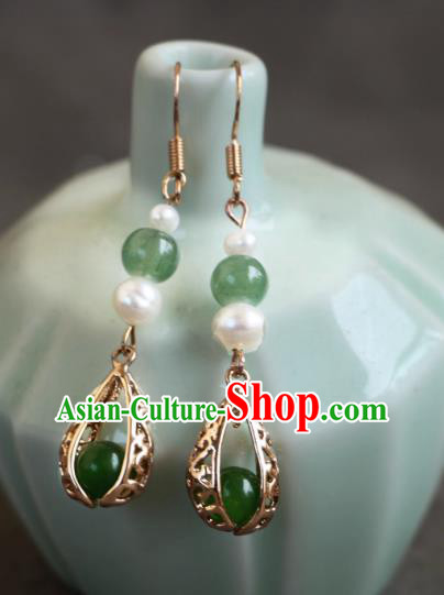 China Ancient Ming Dynasty Princess Ear Jewelries Handmade Jade Earrings Qipao Accessories