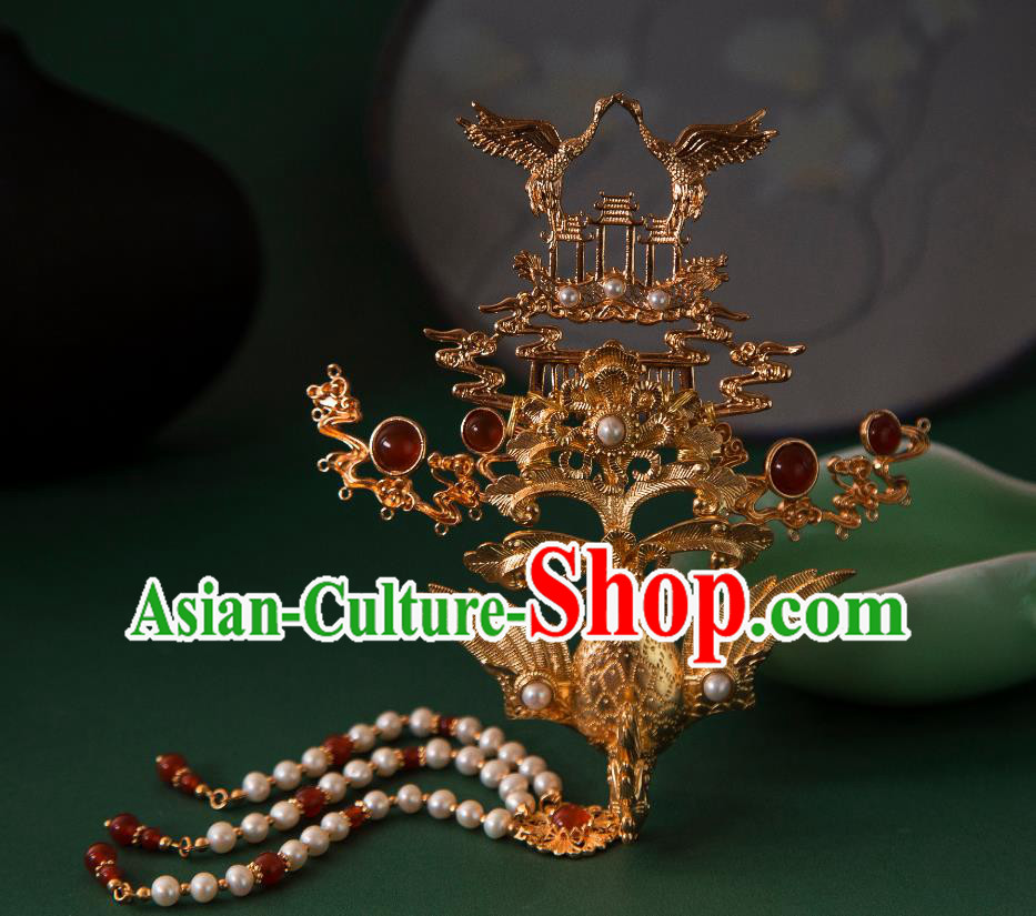 Handmade Wedding Phoenix Crown China Tang Dynasty Golden Hairpin Ancient Empress Hair Jewelry