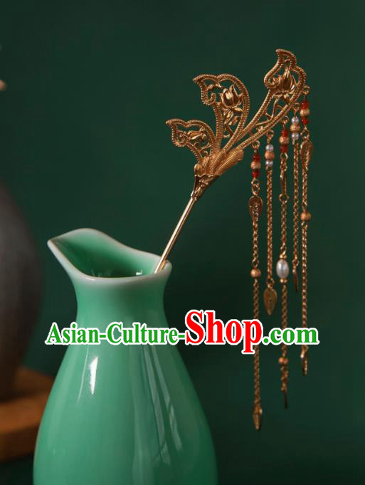 Ancient Empress Hair Jewelry Handmade Wedding Headpiece China Tang Dynasty Golden Tassel Hairpin