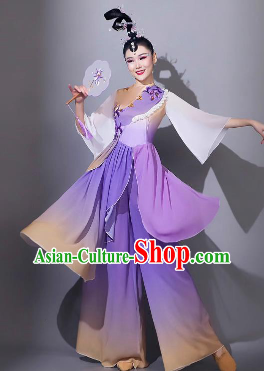 Classical Dance Performance Attire Chinese Woman Solo Dance Purple Outfit Yangge Dance Costume Art Examination Fan Dance Costume