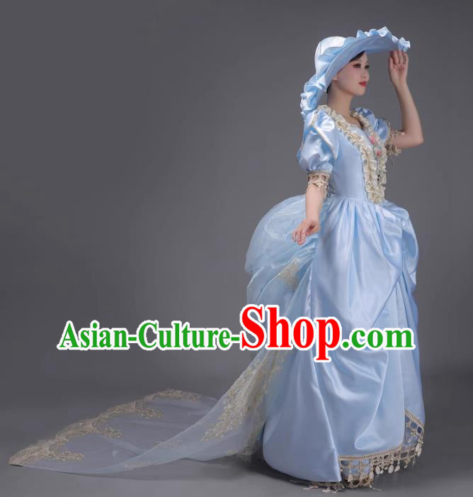 European Runway Show Clothing Court Costume Royal Aristocrats Medieval Retro Princess Blue Taildress