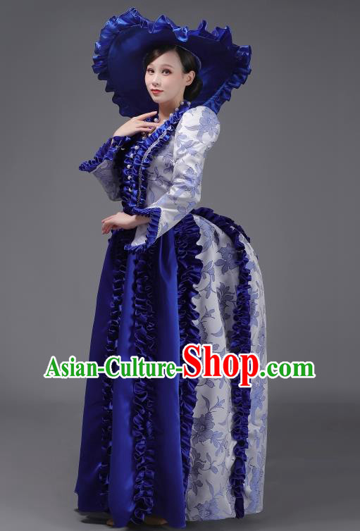 Royal Blue European Court Dress British Medieval Retro Princess Clothing Rococo Stage Costume