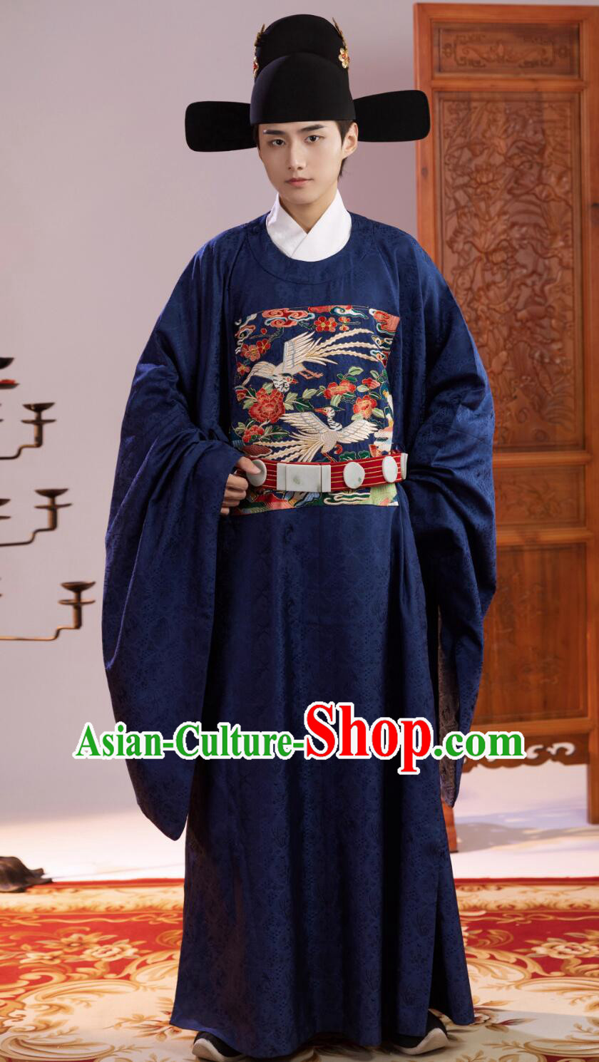 Navy Blue Chinese Embroidered Silver Pheasant Robe Ming Dynasty Court Costume Ancient China Fifth Rank Civil Official Clothing