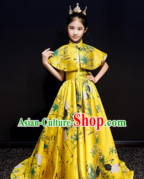 Chinese Style Children Costume Top Girl Model Runway Princess Dress Long Tail Dress Birthday Performance Clothing