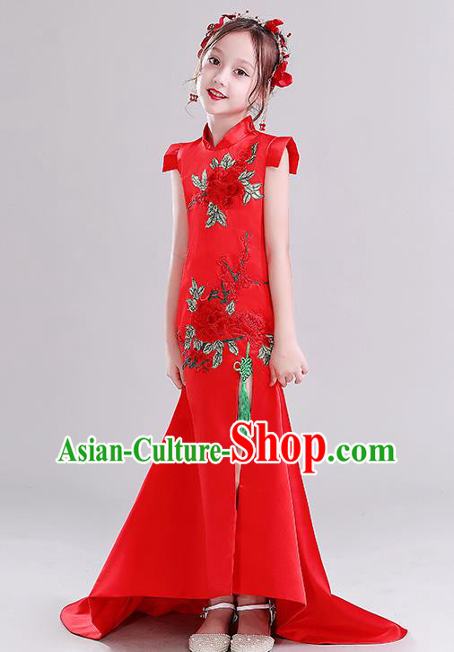 Children Clothing Chinese Style Girl Qipao Model Walking Show Fishtail Dress Host Playing Guzheng Red Performance Costume
