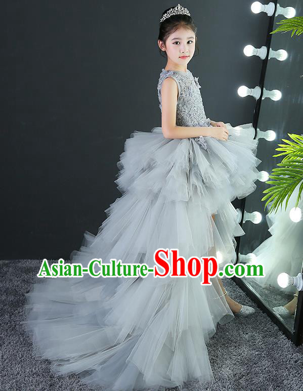 Children Piano Performance Clothing Girl Evening Dress Grey Princess Dress Model Walk Costume