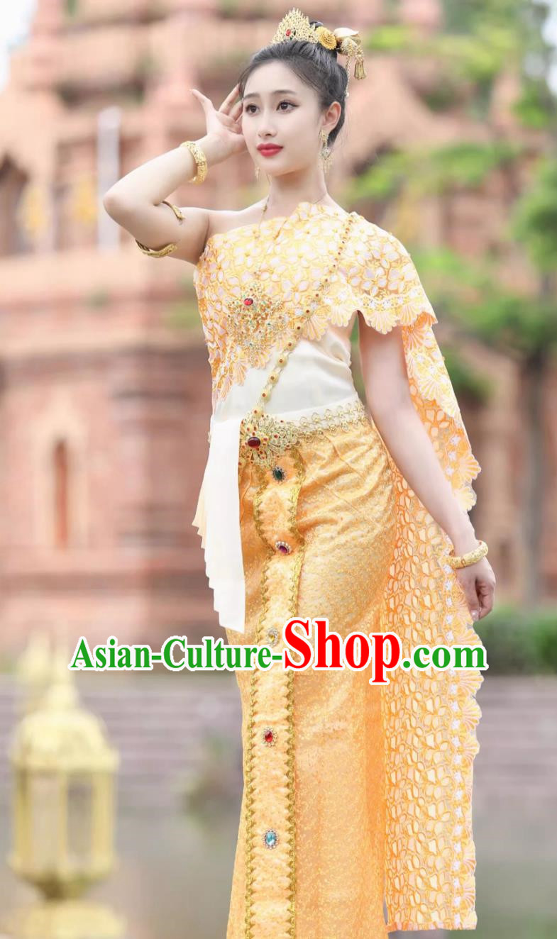 Bride Yellow Uniform Thai Clothing Women Set Thailand Traditional Embroidered Costume