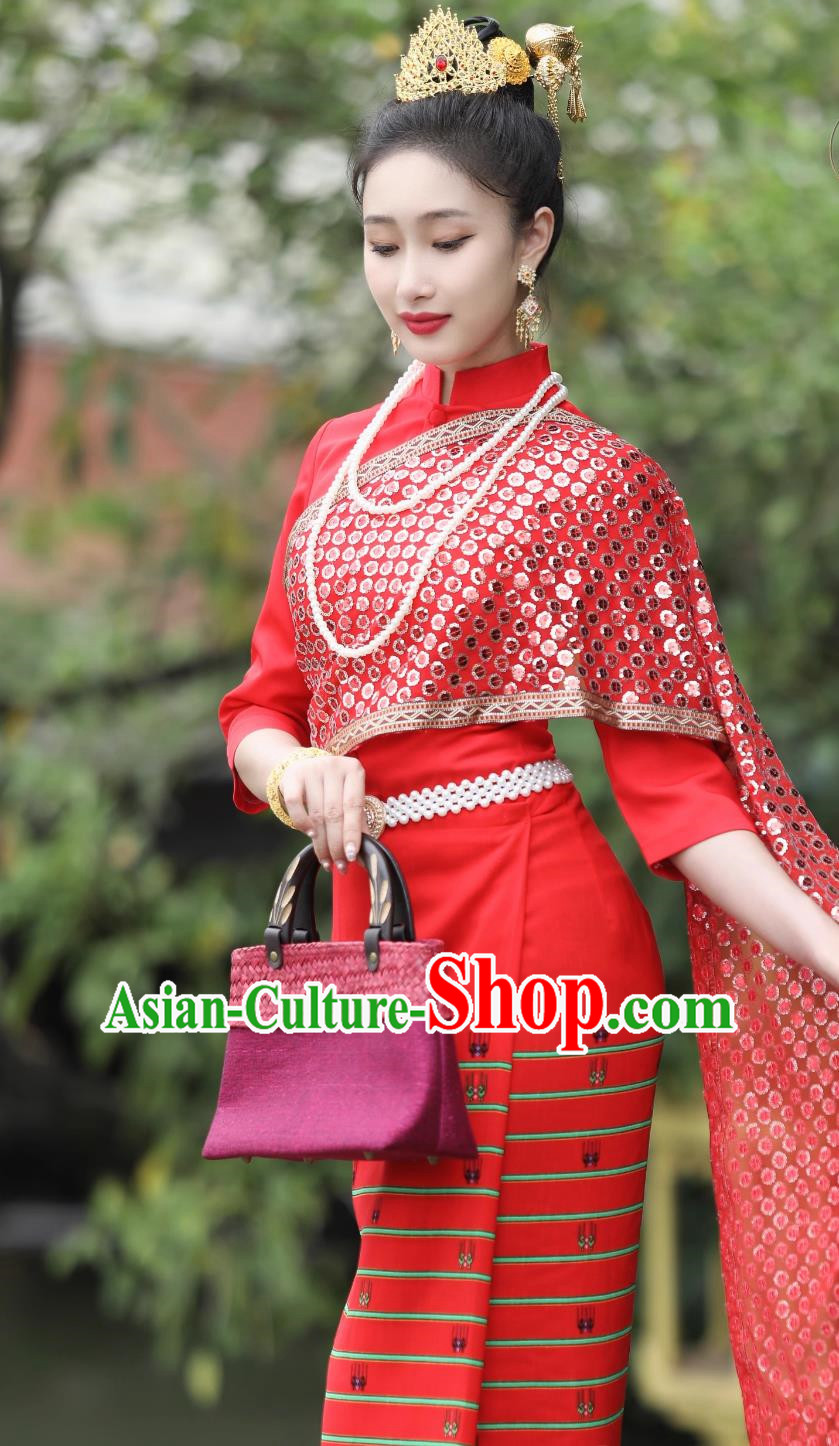 Thai Women Set Dai Nationality Red Blouse And Skirt Work Uniform Thailand Traditional Costume