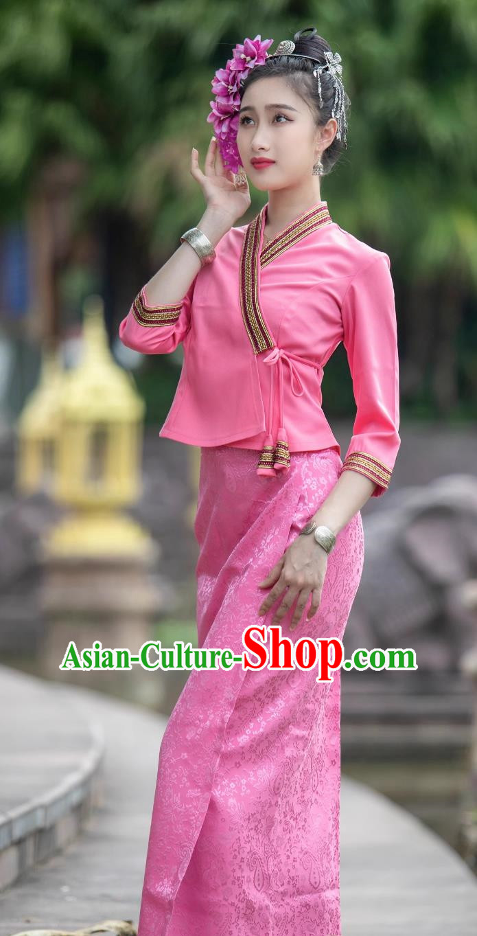 Water Sprinkling Festival Uniform Thailand Traditional Costume Thai Women Clothing Dai Nationality Pink Blouse and Skirt Set