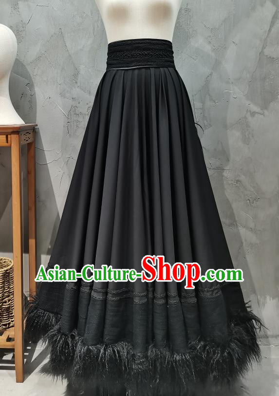 Chinese Folk Dance Skirt Black Tibetan Art Examination Clothing Zang Nationality Dance Costume