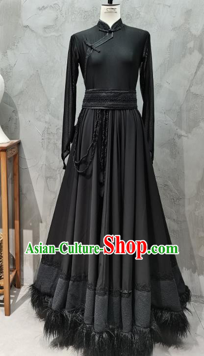 Black Tibetan Art Examination Clothing Zang Nationality Dance Costume Chinese Folk Dance Dress