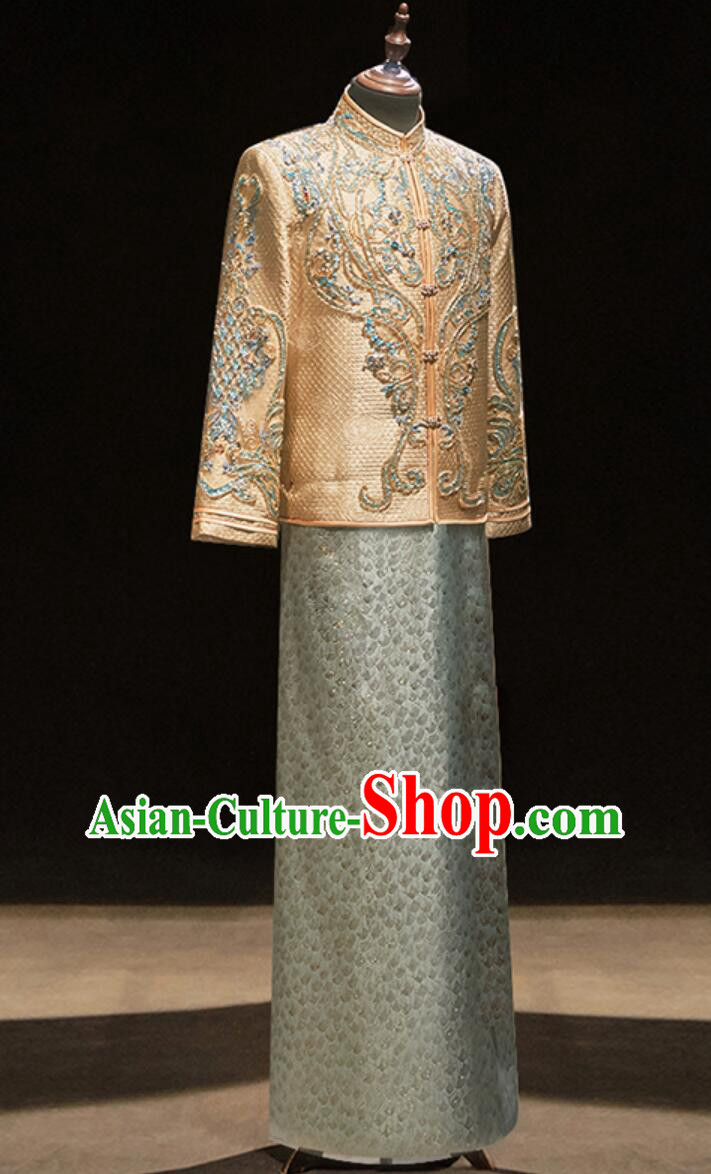 Chinese Groom Mandarin Jacket and Long Gown Traditional Wedding Attire Complete Set