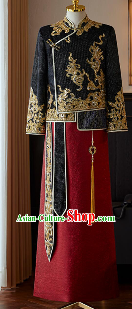 Chinese Black Mandarin Jacket and Long Gown Male Xiuhe Suit Traditional Wedding Groom Attire Complete Set
