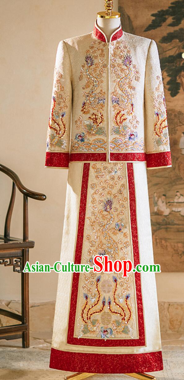 Chinese Traditional Wedding Groom Attire Champagne Mandarin Jacket and Long Gown Male Xiuhe Suit Complete Set