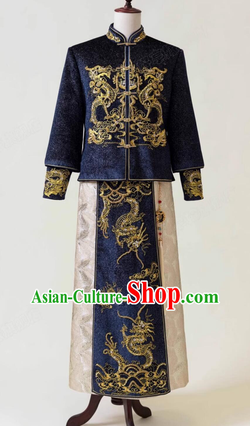 Chinese Male Xiuhe Suit Traditional Wedding Groom Attire Blue Mandarin Jacket and Long Gown Complete Set
