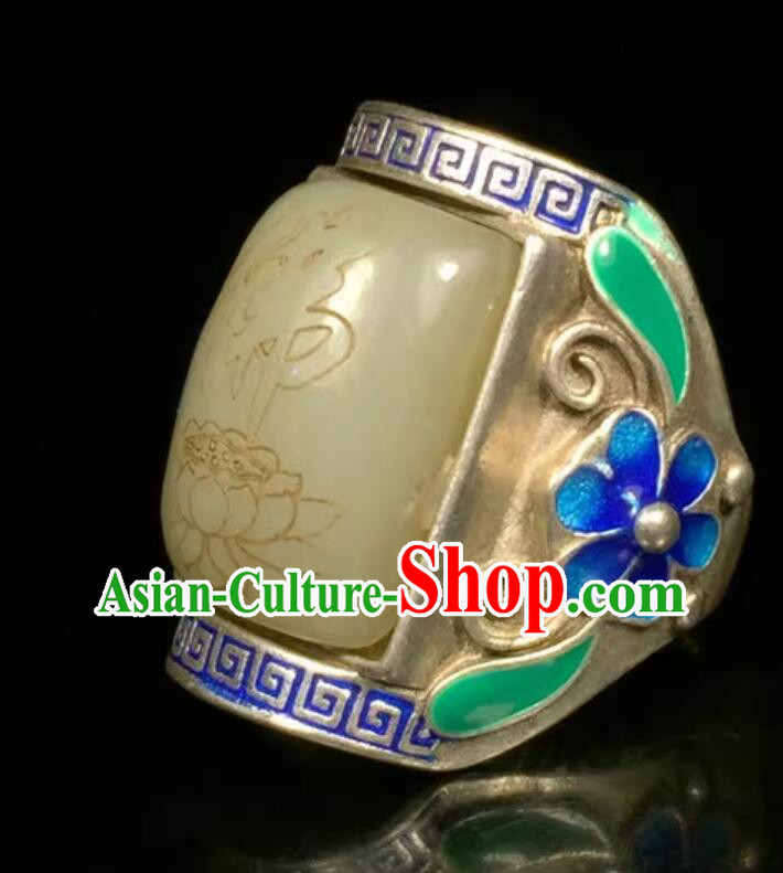 Chinese Qing Dynasty Jade Carving Ring Ancient China Classic Jewelry Silver Finger Ring
