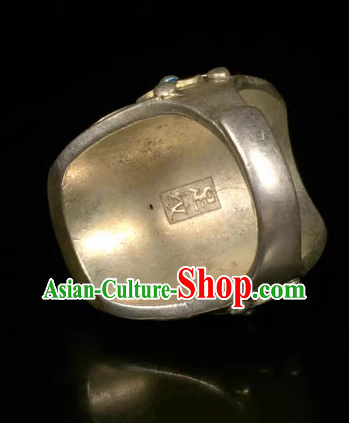 Chinese Qing Dynasty Jade Carving Ring Ancient China Classic Jewelry Silver Finger Ring