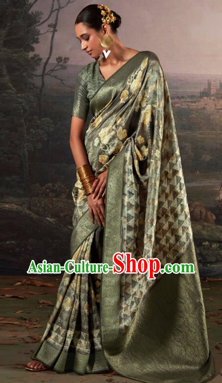 India Women Olive Green Sari Dress Indian National Clothing Traditional Costume