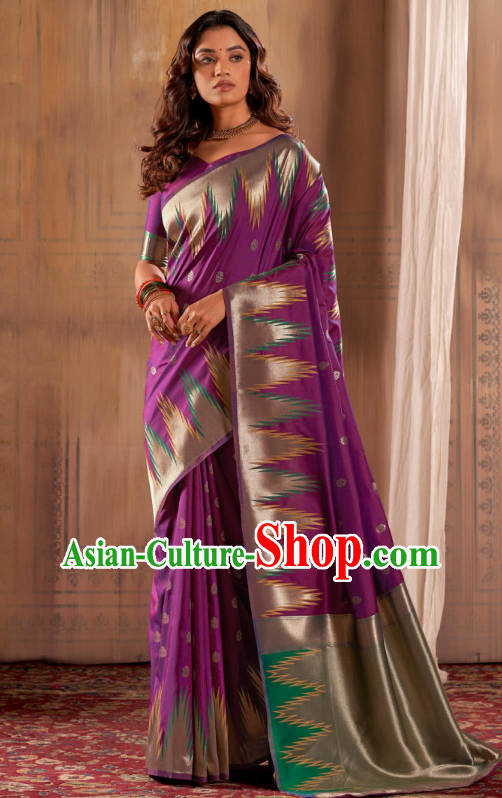 India Festival Fashion Indian Traditional Court Women Deep Purple Sari Dress National Clothing