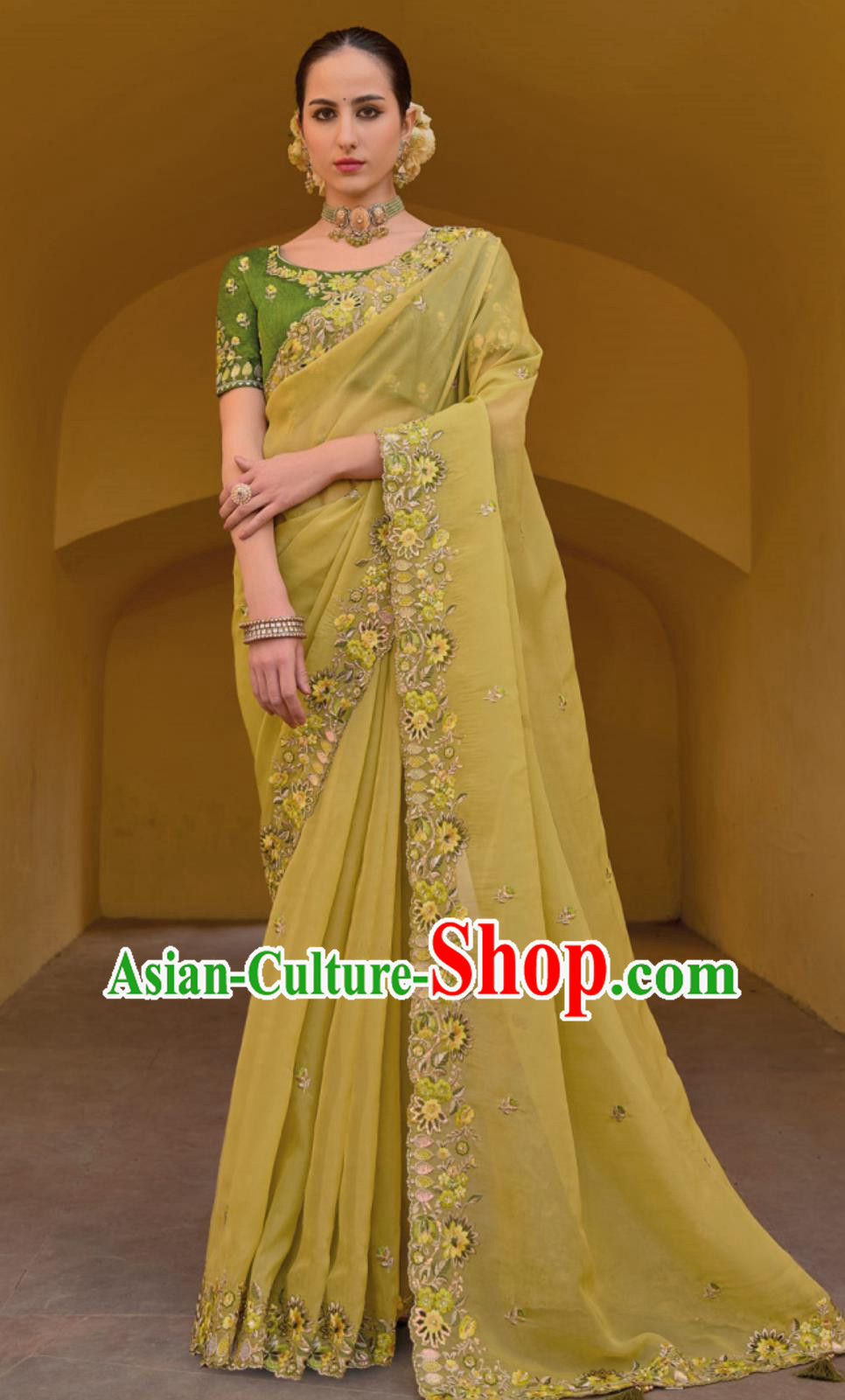 Indian Traditional Festival Fashion Women Embroidered Yellow Sari Dress India National Clothing