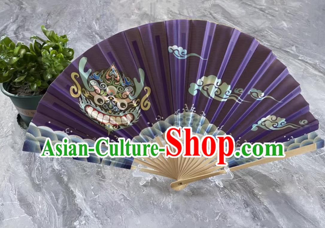 China Bian Lian Fan Sichuan Opera Face Changing Bamboo Fan Handmade Purple Printed Folding Fan
