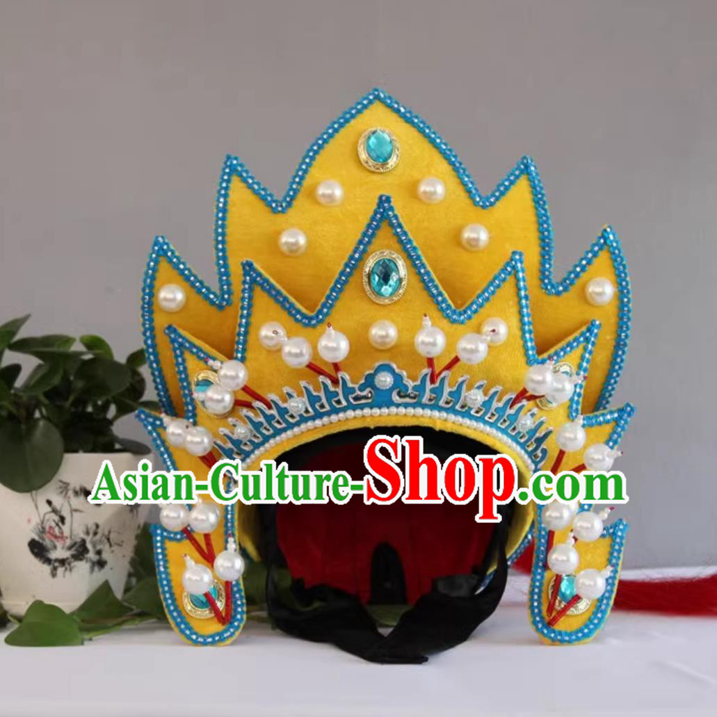 China Sichuan Face Changing Hat Traditional Handmade Opera Headwear Stage Magic Performance Yellow Helmet