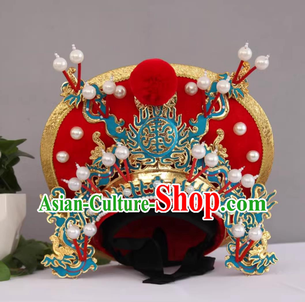 Red Handmade Magic Show Marshal Helmet China Sichuan Opera Face Changing Hat Bian Lian Performance Headwear
