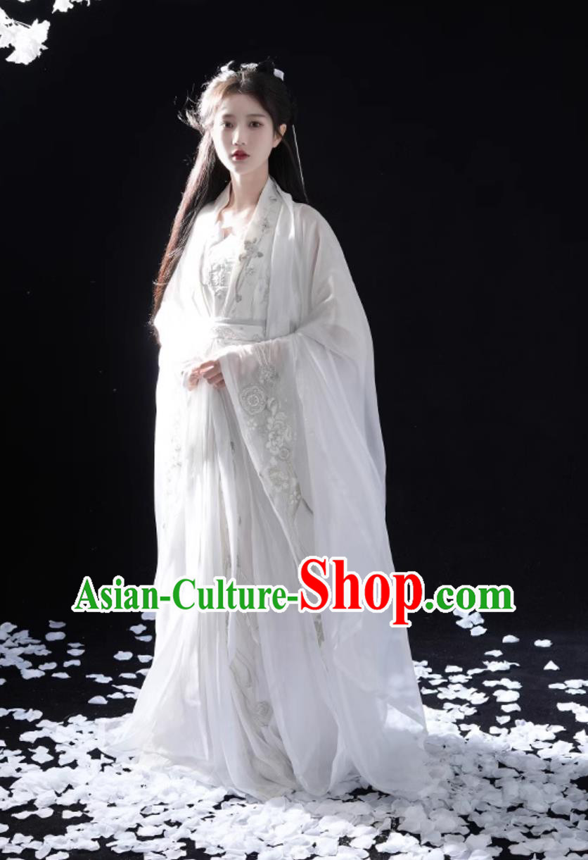 China Wuxia Swordswoman Clothing Ancient Super Heroine Costume Traditional White Hanfu Dress