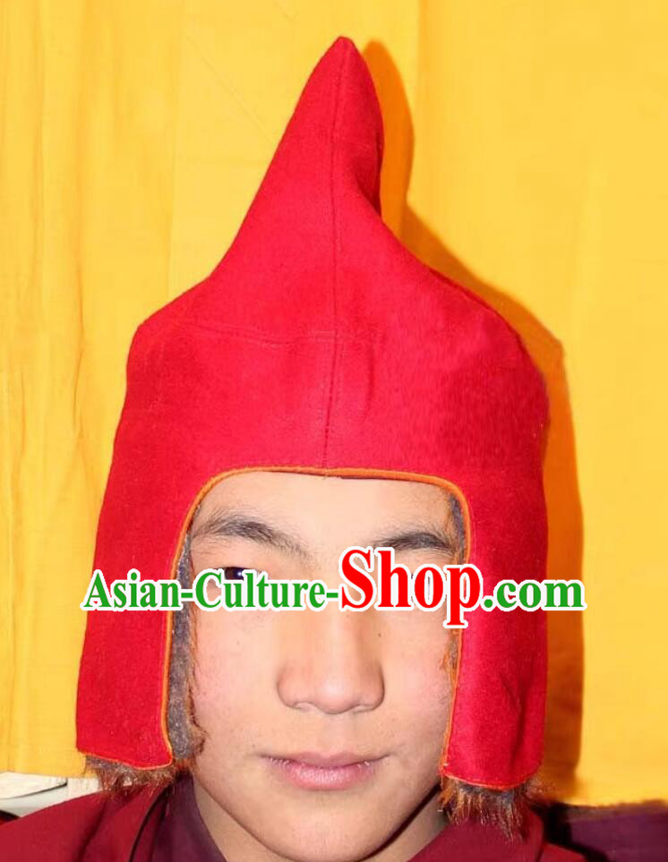 Traditional Tibetan Monk Red Woolen Hat Handmade Xizang Lama Headwear