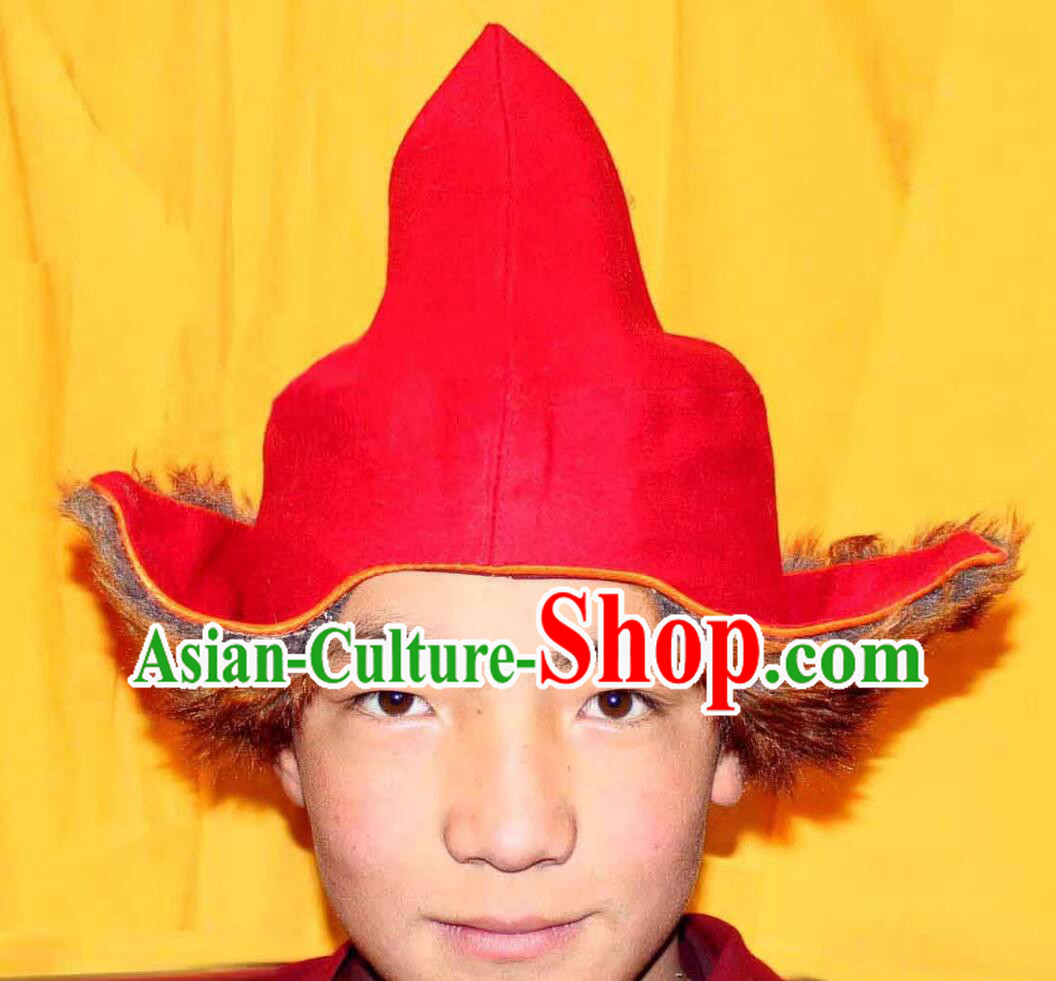 Traditional Tibetan Monk Red Woolen Hat Handmade Xizang Lama Headwear