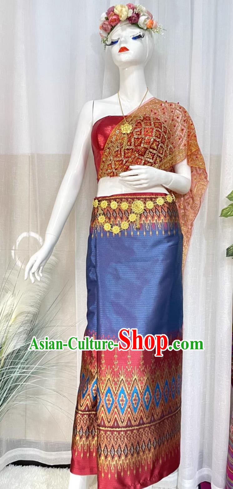 Thailand Traditional Red Top and Skirt Outfit China Dai Ethnic Woman Clothing Xishuangbanna National Minority Costume