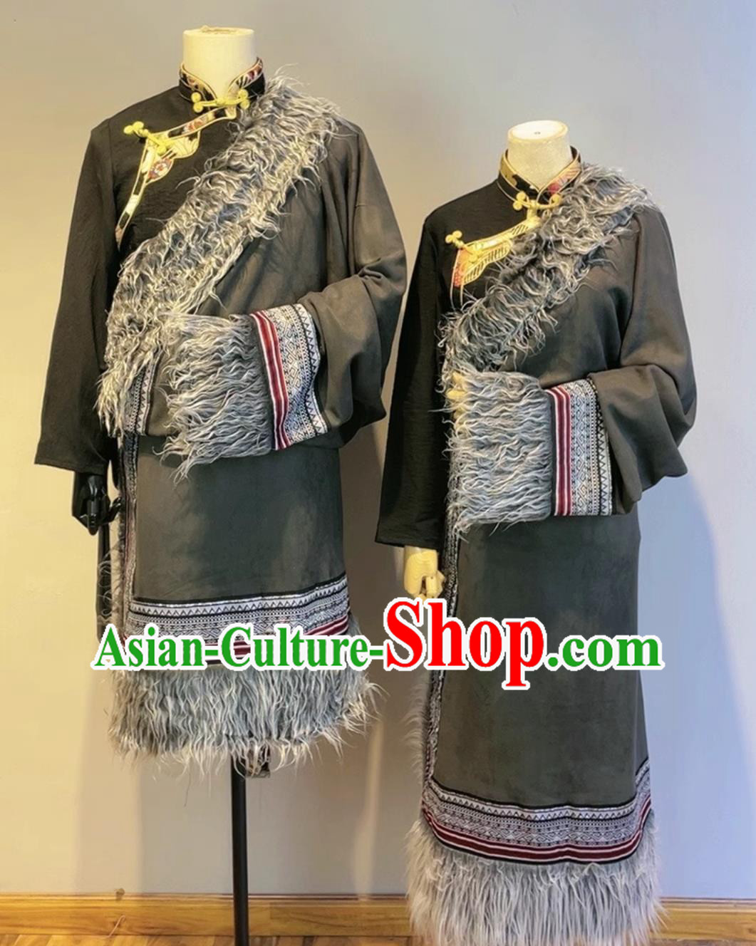 China Xizang Ethnic Stage Performance Clothing Tibetan Couple Robes Zang Nationality Winter Suede Costumes