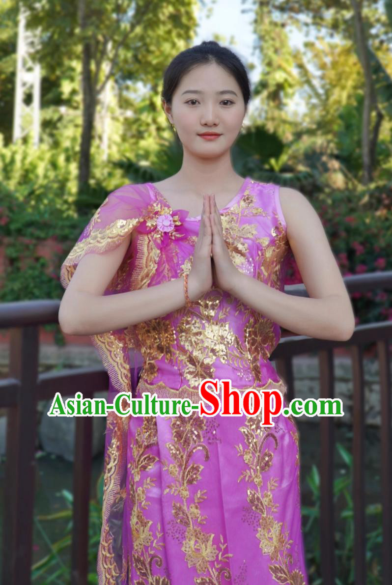 China Dai Ethnic Woman Clothing Thailand Water Splashing Festival Dance Purple Top And Long Skirt Xishuangbanna Folk Dance Costume