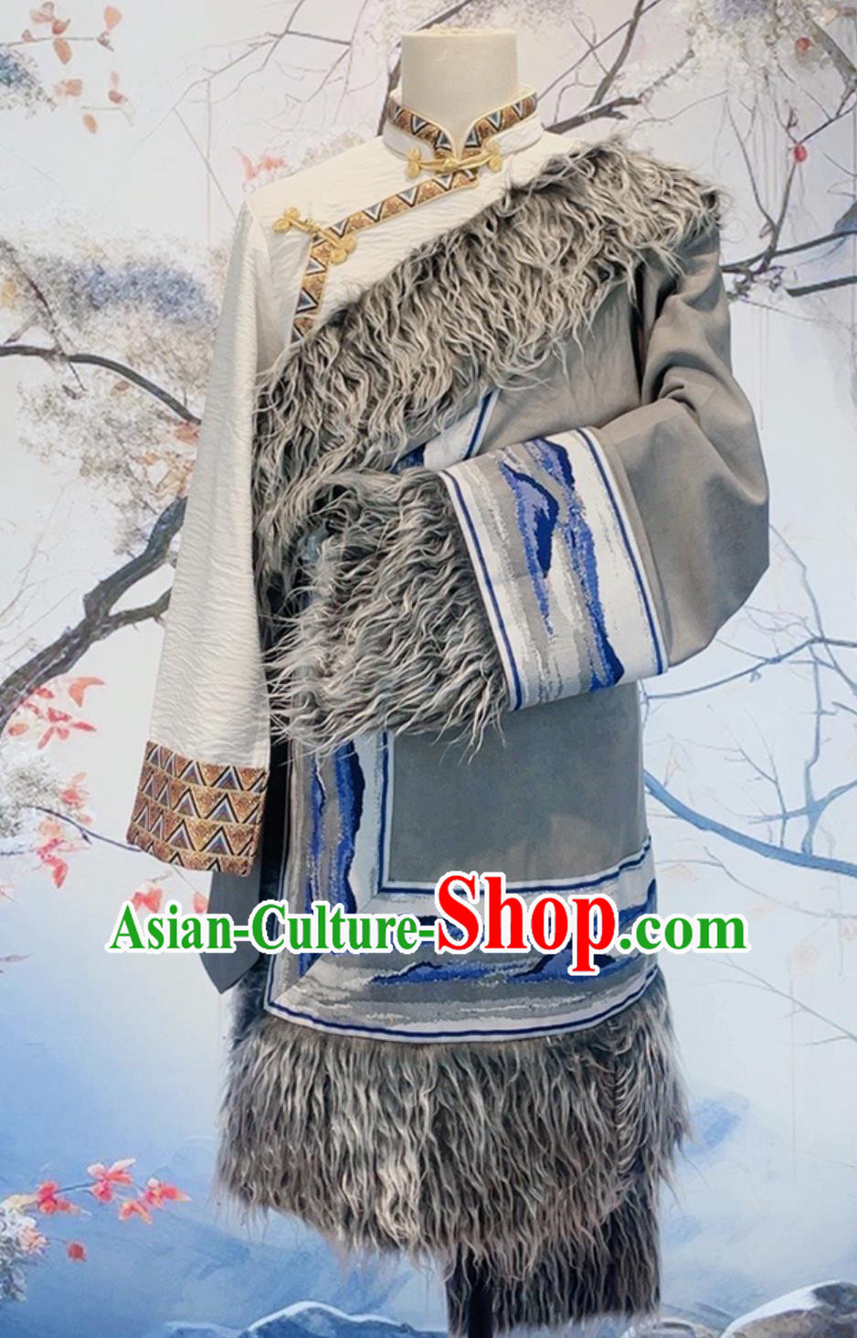 China Grey Suede Tibetan Robe Zang Nationality Male Winter Costume Xizang Ethnic Stage Performance Clothing