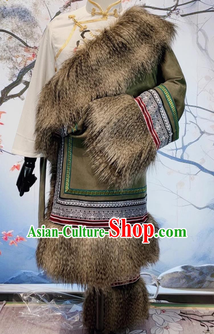 China Xizang Ethnic Stage Performance Clothing Handmade Tibetan Robe Zang Nationality Male Winter Costume