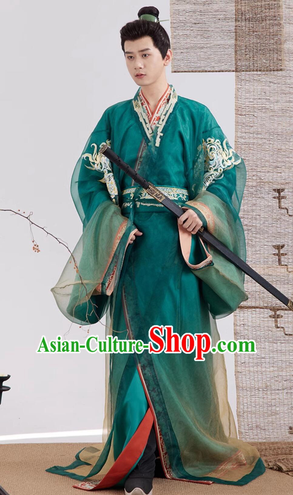 Ancient China Noble Childe Costume Chinese Warring States Time Swordsman Clothing Traditional Green Hanfu Robe