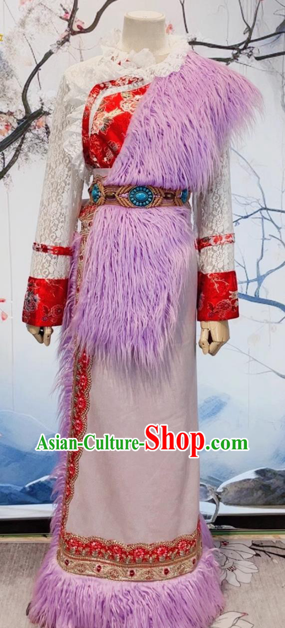 China Woman Purple Tibetan Robe Zang Nationality Costume Xizang Ethnic Stage Performance Clothing