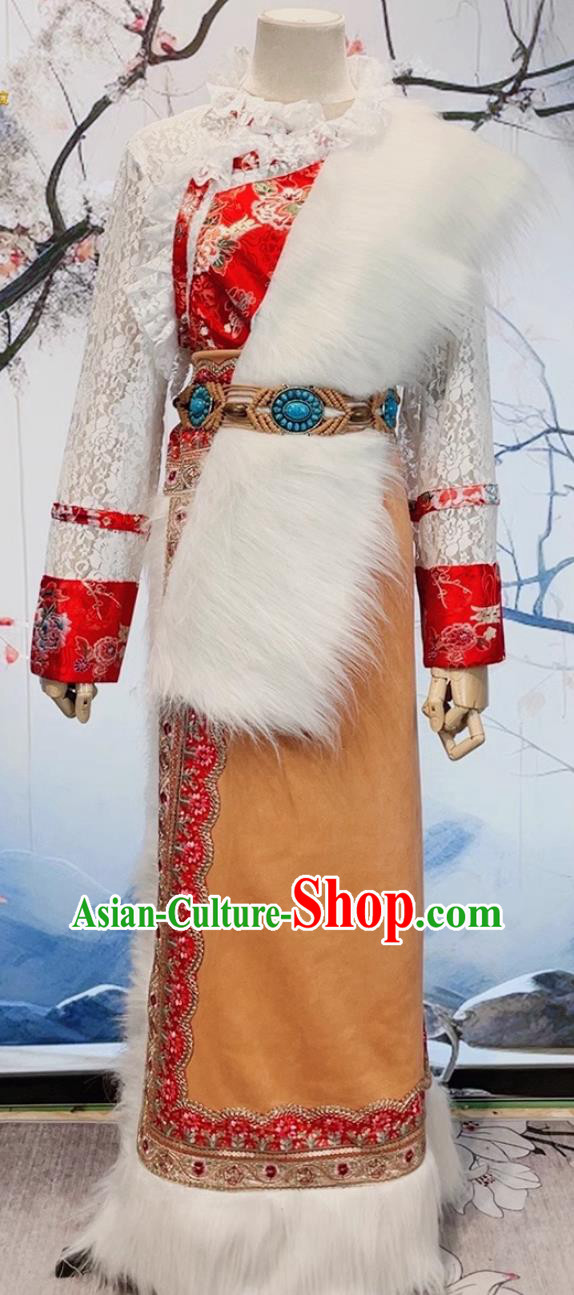 China Xizang Ethnic Stage Performance Clothing Woman Folk Dance Tibetan Robe Zang Nationality Costume