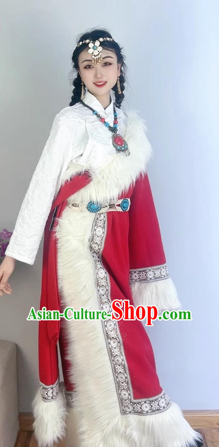 China Woman Red Tibetan Robe Zang Nationality Winter Costume Xizang Ethnic Stage Performance Clothing