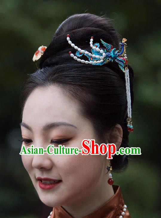 Traditional Chinese Hanfu Hair Jewelry China Ancient Empress Cloisonne Hair Clip Handmade Ming Dynasty Phoenix Hairpin
