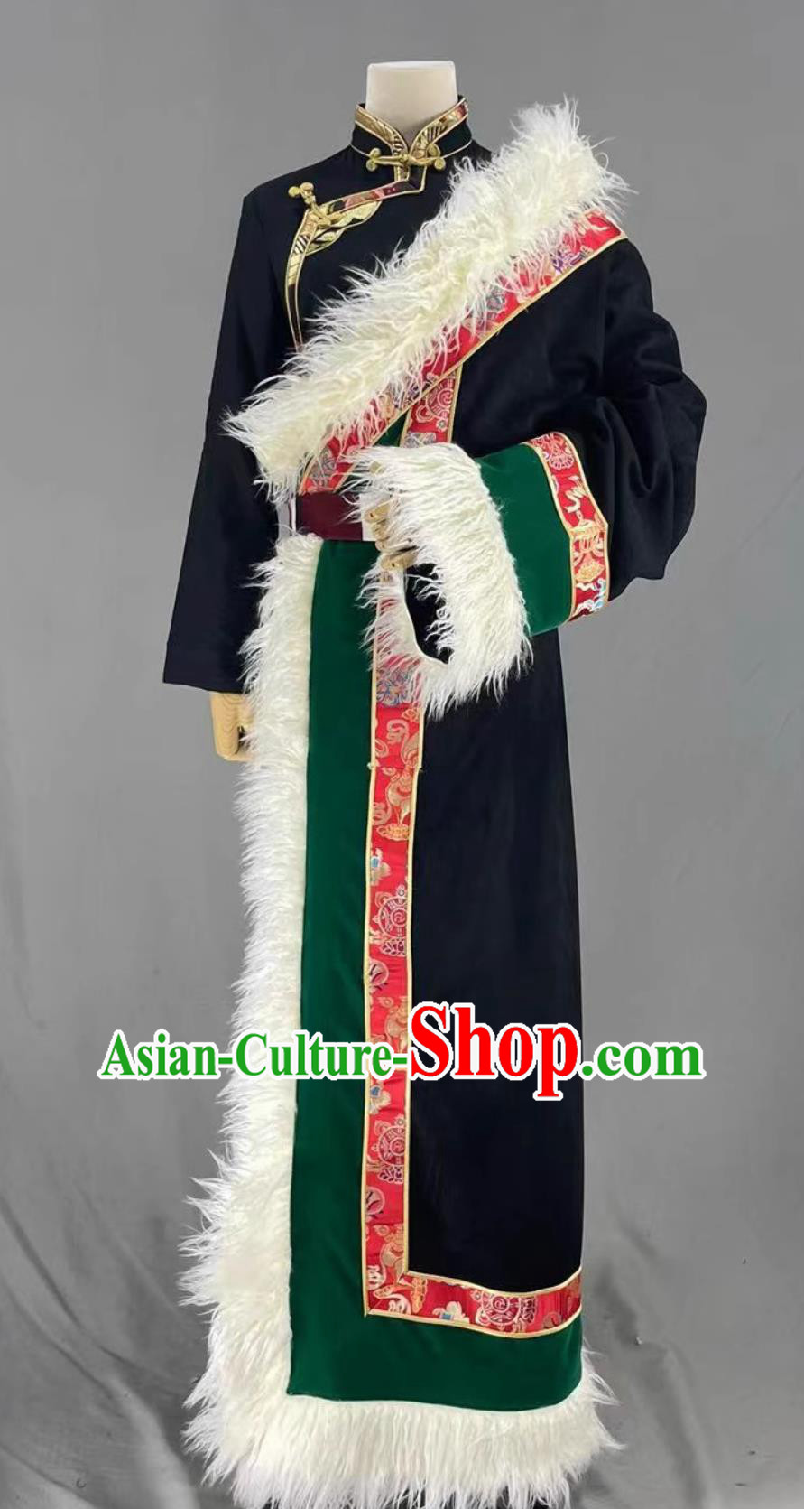 China Xizang Ethnic Woman Clothing Stage Performance Black Tibetan Robe Zang Nationality Winter Costume
